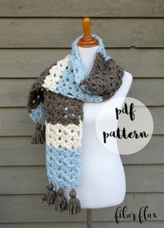 a crocheted scarf on top of a white mannequin torso with text overlay that says, pat pattern