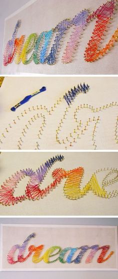 four different colored crochet designs on white paper