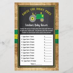 a baby shower game for a boy with tractor on the front and green trimmings