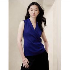 Sold Out On Banana Republic Website. Color: Patriot Blue Versatile Blue Blouse For Work, Versatile Blue Blouse For Workwear, Versatile Fitted Blue Blouse, Blue Fitted Versatile Blouse, Fitted Blue Versatile Blouse, Chic Blue Tops For Work, Elegant Blue Sleeveless Blouse, Black Chiffon Top, Tiered Blouse