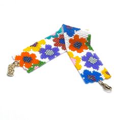 multicolored flower beaded lanyard with key chain