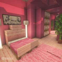 a bedroom with pink walls and flooring in the room is decorated with trees, plants, and other items