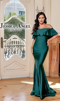 A glorious masterpiece, this off-the-shoulder long mermaid prom dress 768 is ready to party. With an off-the-shoulder ruffle, this beautiful long designer dress gets a look of romance for prom, galas, and other black-tie events. In misses and plus sizes, this long designer dress by Jessica Angel has a hip-hugging long mermaid skirt that flows into a train for a mesmerizing look. Made in the USA, this off-the-shoulder long mermaid prom dress is a captivating pick for your big celebration. Classy Formal Dresses, Prom Dresses Long Mermaid, Long Formal Dress, Steal The Spotlight, Dress Tops, Prom Designs, Designer Prom Dresses, Exclusive Dress, Bridesmaids Dress