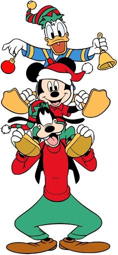 mickey mouse and goofy duck with christmas hats on their heads, standing next to each other