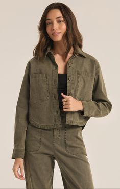 z supply all day cropped washed jacket denim grape leaf olive green Grape Leaf, Casual Game, Jumpsuit Jacket, Patches Jacket, Cropped Denim Jacket, Laid Back Style, Cropped Denim, Crop Jacket, Sweater Jacket