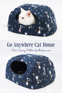 there is a cat that is sitting in a house with the caption go anywhere cat house