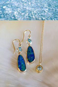 The perfect combo! Australian aqua blue opals paired with natural blue zircon gemstones in 14k gold. Keep the ocean close to your heart. Blue Fine Jewelry With Bezel Setting, Blue Bezel Setting Fine Jewelry, Blue Aquamarine Fine Jewelry, Fine Jewelry In 14k Gold With Light Blue Color, Light Blue 14k Gold Fine Jewelry, Blue 14k Gold Jewelry With Gemstone Accents, Soldered Jewelry, Zircon Gemstone, Zircon Necklace