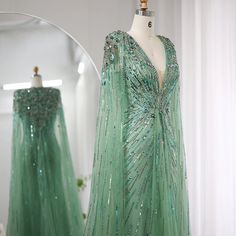 Evening Dresses Luxury Plus Size Formal Party Dress for Women Wedding Guest – DreamyVow Pink And Silver Dress, Green Evening Dresses, Elegant Cape, Gown With Cape, Green Evening Gowns, Cape Sleeve Dress, Sequin Cape, Green Evening Dress, Cape Gown