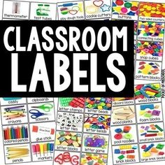 classroom labels with different types of school supplies and words on them, including scissors, pencils, crayons, etc