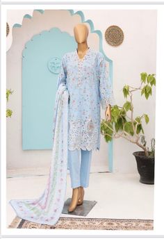 Fabric lawn  3pc shirt trousers dupatta  Printed embroidered lawn chicks kari shirt printed dupatta and plain trouser  Us Size small 38  US size medium 42  Us size large 46 Kurti Sets, Embroidered Suit, Lawn Suit, Pakistani Lawn Suits, Printed Dupatta, Lawn Suits, Printed Shirts, Lawn, Ready To Wear