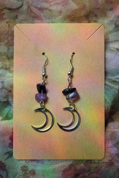 Hand crafted earrings with amethyst and blue gold stone crystals, and light weight moon charms.  Hooks are hypoallergenic, high quality, silver and zinc material.  Many other crystal options in my shop! Witchy Products, Crafted Earrings, Boho Clothes, Crystal Shapes, Funky Jewelry, Gold Stone, Moon Charm, Moon Earrings, Jewelry Inspo