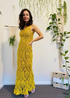 You are my sunshine dress - The dress maker, Agnes uses unique handmade crochet technique and personal design skill, combining with a lot of care and attention to detail. This results in the dress you are seeing now, which is high-qualified and intricated Sunshine Dress, Dress Maker, Yellow Maxi Dress, Yellow Maxi, Maxi Dress Long, Backless Design, My Sunshine, Long Tail, You Are My Sunshine