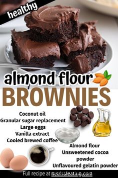 an advertisement for brownies with chocolate frosting and ingredients to make them look like they are