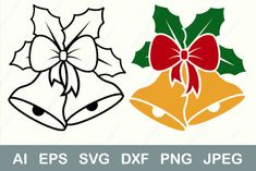 christmas bells with holly leaves and bow svg dxf file for cricut