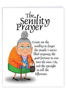 an old woman is sitting in a chair with the words, the serility prayer