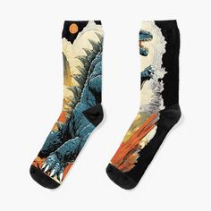 Super soft all-over printed knit socks with extra cushioning in the sole. Suitable for men and women. godzilla t-shrit for godzilla lovers. king of the monster Knit Socks, Socks For Sale, Godzilla, Knitting Socks, Socks, For Men, Men And Women, Knitting, For Sale