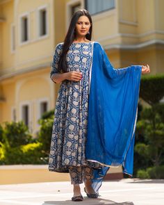 Blue is the color of power and serenity! Entice a day looking absolutely stunning in the Rajasthani Bagru print vibes and make the most out of your look. Make sure you add bliss to your feed with a lot of snaps in this outfit. Kurta - A bagru print cotton 6 meter Flair kali & 48 inch long Kurta Pant - A semi-elasticated Bagru print cotton pant, length - 37 inch Dupatta - A mukesh-work chiffon dupatta with lace on all edges Material- Cotton, Bagru Hand Print Color - Blue CARE: Quick deep wash Blue Block Print Dress For Spring, Fitted Blue Block Print Dress, Fitted Blue Dress With Block Print, Indigo Dresses With Printed Motifs, Cotton Anarkali Suits, New Dress Collection, Cotton Anarkali, Long Kurta, Bagru Print