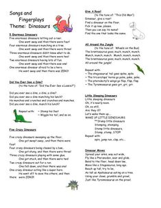 an open book with dinosaurs and other words on it, including the title for song and fingerplays theme