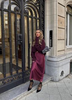 Winter Heels Outfit Dress, Long Skirt Night Outfit, How To Style Burgundy Dress, Burgundy Look Outfits, Maroon Silk Skirt Outfit, Fall La Outfits, Monochromatic Burgundy Outfit, Burgundy Slip Skirt Outfit, Purple Silk Skirt Outfit