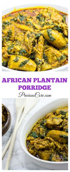 african plantain porridge in a white bowl with spoons