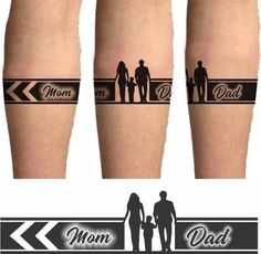 three different tattoos on the legs of two people, one is for mom and dad