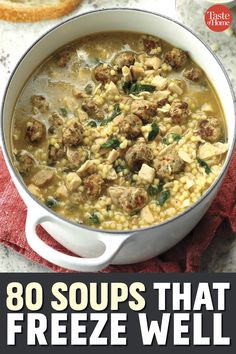 the book cover for 80 soups that freeze well is shown with bread on the side