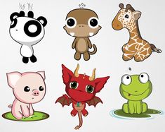 an assortment of cartoon animals on a white background