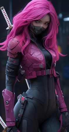 a woman with pink hair and black catsuit holding two swords in her hands,