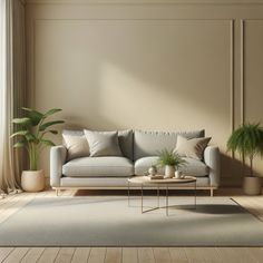 a living room with a couch, coffee table and potted plants on the floor