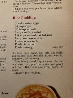 the menu for rice pudding is shown in english