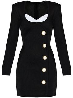 black/white knitted construction decorative button detailing sweetheart neck long sleeves slip-on style thigh-length straight hem Expensive Stuff, Balmain Clothing, Chic Leather, City Dress, Mini Dress Black, Stylish Outfit, Dolce E Gabbana, Summer Beach Wear, Knit Mini Dress