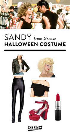 an advertisement for sandy from grease halloween costume with high heeled shoes and red lipstick