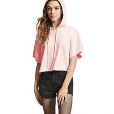 Pink Short Hoodie with Hat Trendy Cotton Top With Drawstring Hood, Trendy Hooded Cotton Tops, Trendy Cotton Hooded Top, Trendy Hoodie Tops For Spring, Casual Solid Color Hooded Top, Casual Pink Hooded Top, Streetwear Summer Hoodie Tops, Summer Streetwear Hoodie Top, Trendy Hooded Top With Drawstring