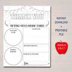 a printable teacher's thank card with an apple on the table next to it