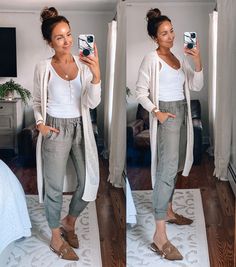 Outfit Ideas With Joggers, Dressing Up Joggers Outfits, Linen Joggers Outfit, Womens Joggers Outfit, Joggers Outfit Women, Wfh Outfits, Jogger Pants Outfit, Post Partum Outfits, Linen Joggers