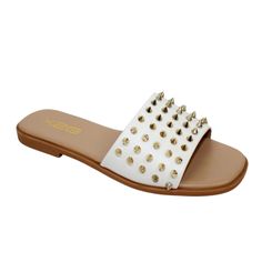 Gold Spike, Tpr Rubber Outsole, Rubber Cushion Insole, White Sandal White Studded Open Toe Sandals, Casual Vacation Sandals With Studded Outsoles, Casual Studded Sandals For Vacation, White Sandals With Studded Rubber Outsoles For Spring, Flat Spike Sandals For The Beach, Flat Sandals With Spikes For The Beach, Flat Spiked Sandals For The Beach, Flat Beach Sandals With Spikes, Synthetic Sandals With Spikes For Summer