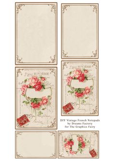 four cards with roses on them, one in red and the other in pinks