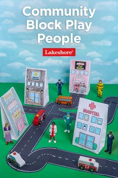 an advertisement for the lake shore community block play people game, with paper cutouts of city streets and buildings