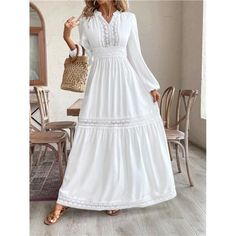 -Item Id 36323234 -Details: Contrast Lace, Ruffle Hem, Shirred -Neckline: Notched -Sleeve Type: Bishop Sleeve -Style: Casual -Type: A Line -Waist Line: High Waist -Hem Shaped: Flounce -Color: White -Pattern Type: Colorblock, Plain -Sleeve Length: Long Sleeve -Fit Type: Regular Fit -Length: Maxi -Material: Woven Fabric -Composition: 100% Polyester -Care Instructions: Hand Wash Or Professional Dry Clean -Sheer: No -Fabric: Non-Stretch -Pockets: No **Open To Offers!!!** **Bundle To Save More** **30 High Neck Dresses, Temple Dress, Church Dresses, Bishop Sleeve, Lace Ruffle, Boutique Dresses, White Patterns, Ruffle Hem, Sleeve Type