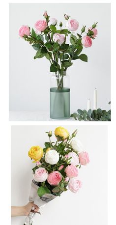 two pictures with flowers in vases on the same side and one has roses in it