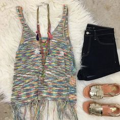 Multi Color Knit Tank With Fringe Trim And Open Back. - 1 Trendy Multicolor Cotton Knit Top, Multicolor Knit Top For Summer, Trendy Multicolor Knit Top, Multicolor Knit Casual Tops, Casual Knitted Multicolor Tops, Casual Multicolor Knit Tops, Casual Pink Knit Top For Vacation, Multicolor Casual Knitted Tops, Multicolor Soft Knit Tops