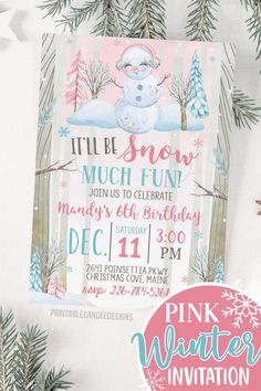 These are the cutest printable invites if your theme this year is winter wonderland with snowmen. Pink and aqua colors, snowflakes and comes in other styles.  girl winter party, snowman birthday, pink snowman invite, winter wonderland theme, pink winter invitation Pink Winter Wonderland, Pink Snowman, Winter Party Themes, Winter Invitations, Winter Wonderland Birthday, Theme Pink, Winter Wonderland Theme, Wonderland Theme, Snow Much Fun