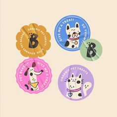 four stickers with dogs on them and the words, animal treat company in different colors