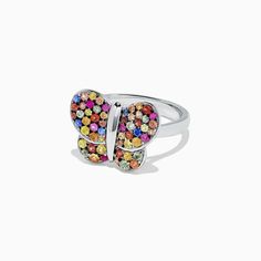 Effy 925 Sterling Silver Multi Sapphire Splash Butterfly Ring, 1.29 TCW Luxury Multicolor Sterling Silver Rings, Multicolor Sterling Silver Fine Jewelry, Luxury Silver Round Butterfly Ring, Luxury Sterling Silver Multi-stone Rings, Sterling Silver Multi-stone Diamond Ring, Fine Jewelry With Polished Finish In Multicolor, White Gold Butterfly Ring With Prong Setting, Multicolor Fine Jewelry With Polished Finish, Multicolor Polished Fine Jewelry