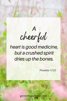 flowers with a quote that reads, a cheerful heart is good medicine, but a crushed spirit drives up the bones