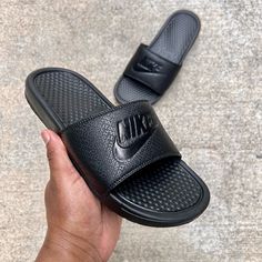 Nike Benassi " Jdi " Print Black / Black / Black Triple Black Men's Us Sizes 8 10 & 12 **This Item Fits Tight & Runs Small Recommend Going Up A Size** Condition: Brand New - Without Box *Satisfaction Is 100% Guaranteed* Additional Notes: Guaranteed To Be 100% Authentic Nike Merchandise (Purchased From An Authorized Nike Retailer) Sandal Slide Sandals Cone Cones Color Comfortable Sz Size Nike Black Slides With Rubber Sole, Black Nike Slides With Branded Insole, Black Comfortable Nike Slides, Black Slip-on Slides For Streetwear, Casual Black Leather Slides, Black Round Toe Slides For Streetwear, Comfortable Black Slides For Streetwear, Casual Black Slides With Cushioned Footbed, Casual Black Slides With Branded Insole