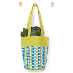 a green bag hanging on the wall with vegetables in it