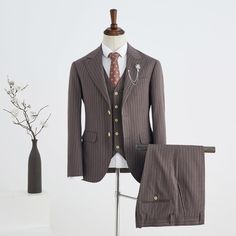 Shape: Slim,Regular,Loose Jacket Pant Button: Single Breasted Occasion: Business Neckline: Peaked Lapel Material: Polyester & Polyester Blend Pattern: Stripe Piece: 3 Piece Pocket: With Flap Loose Jacket, Prom Suits, Peak Lapel, Business Suit, Wedding Suits, Single Breasted, 3 Piece, Coffee, Pants