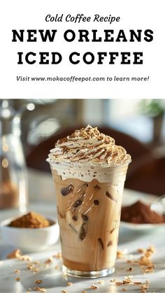 an iced coffee with whipped cream and chocolate sprinkles on the top is shown