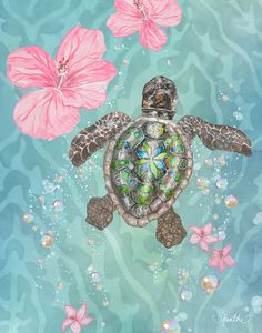 a painting of a turtle swimming in the ocean with pink flowers and bubbles around it